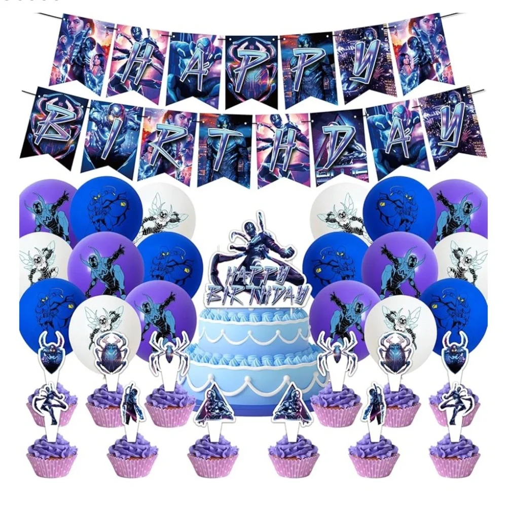Blue beetle Happy Birthday kit,banner, balloons, cupcake picks. Blue beetle